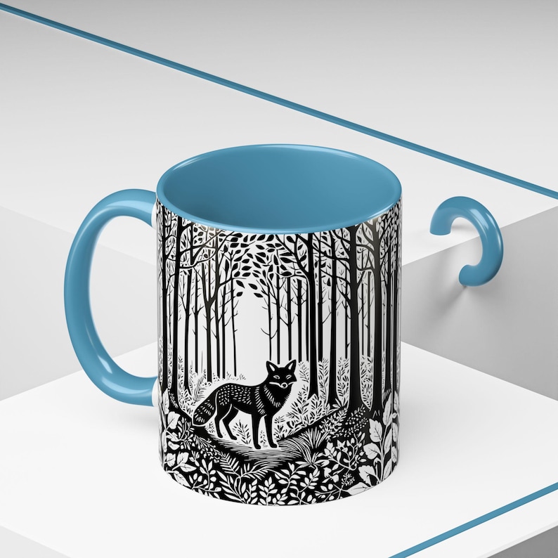 キツネのリノプリント フォレストコア セラミック コーヒーマグ | キツネグッズ | 動物好きへのギフト | 自然好きへのギフト | コーヒー好きへのギフト | コテージコア ギフト Light Blue