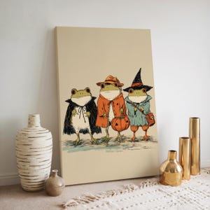 Funny Frog Halloween Canvas Art: Spooky Cottagecore Kids Room Decor