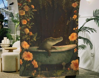 Floral Crocodile Funny Sherpa & Velveteen Blanket,  Rustic Decor, Gift For Farmer, Cottagecore Blanket, Alligator Lover Gift