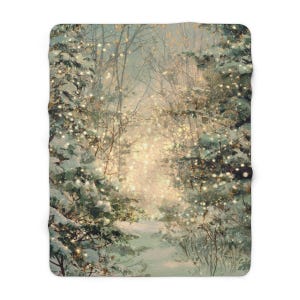 May include: A cozy blanket featuring a winter forest scene. The design showcases snow-covered trees and a path leading into a bright, glowing light. The color palette includes soft greens, whites, and warm golden hues, creating a serene and inviting atmosphere.