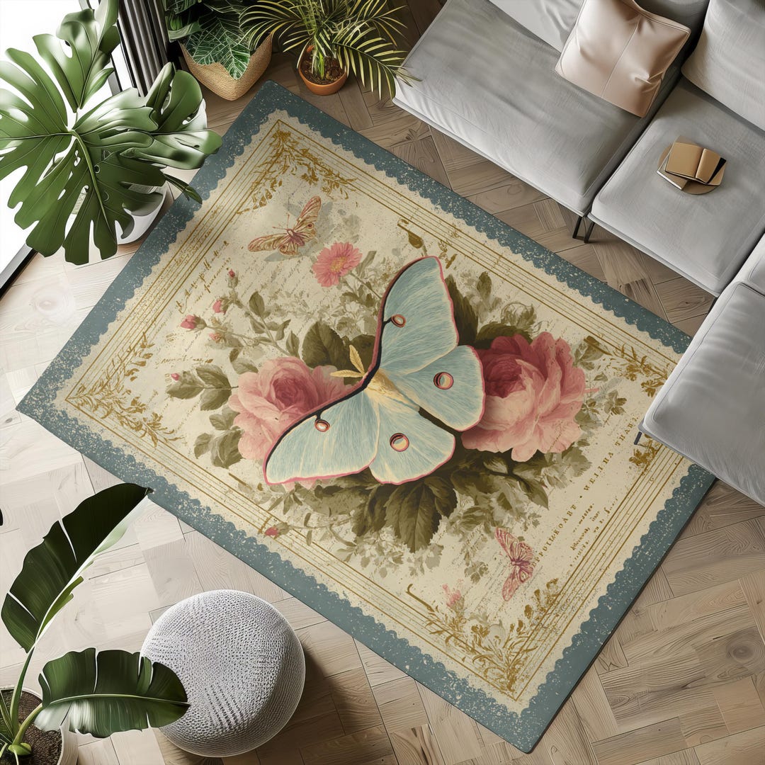 Moth Area Rug Vintage French Style Luna Moth Living Room Area Rug, Fairycore Printed ...