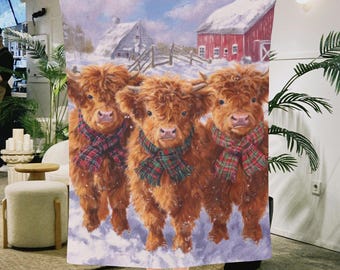 Highland Cow Plush Blanket, Cozy Sherpa & Velveteen Rustic Decor, Gift For Farmer