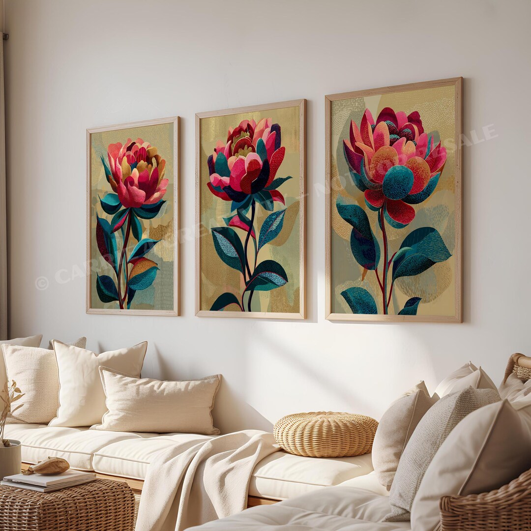 Vibrant Modern Flower Printable Wall Art Set of 3, Botanical Prints ...