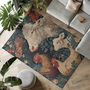 Farm Animals Area Rug, Country Farmhouse Rug, Rustic Animal Carpet, Cow Chicken Botanical Decor, Kids Room Kitchen Floor Mat, Play Rug Mat