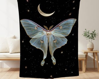 Enchanted Luna Moth Blanket, Sherpa Fleece & Velveteen Plush Blanket, Celestial Moon Black Blanket