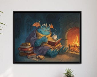 Funny Dragon Book Lover Framed Canvas Wall Art, Fantasy Bookish Gift, Dragon Lover Christmas Gift, Library Farmhouse Wall Art Decor