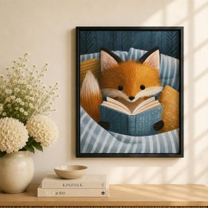 Fox Reading Book Wall Art, Bookworm Gift, Woodland Reader Decor, Cozy Library Artwork, Book Lover Gift, Fox Gifts