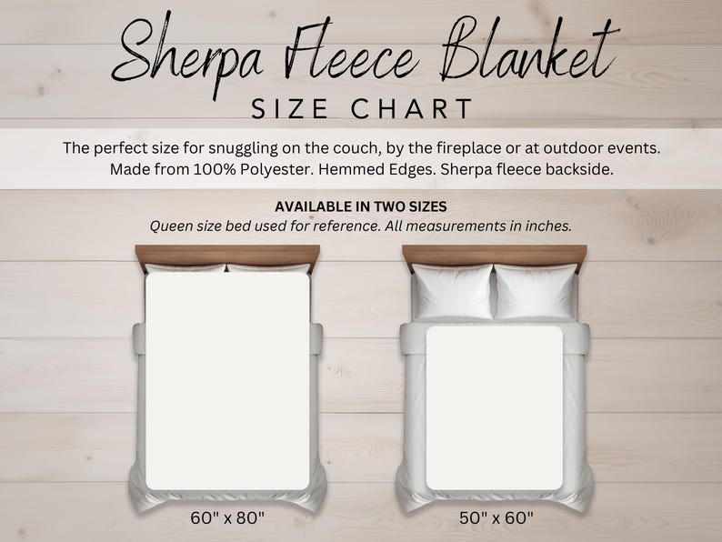 May include: Size chart for a Sherpa fleece blanket, available in two sizes. The larger blanket is 60" x 80", and the smaller is 50" x 60". The text indicates the blanket is made of 100% polyester with hemmed edges.