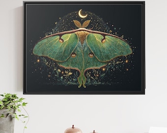 Celestial Luna Moth Canvas Art: Whimsical Botanical Home Decor