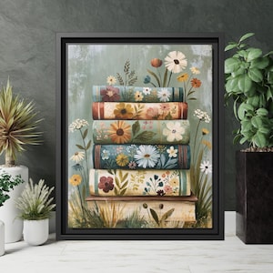 Botanical Book Stack Canvas Wall Art, Folk Floral Library Print, Cottagecore Book Lover Gift, Vintage Woodcut Nature Poster, Library Decor