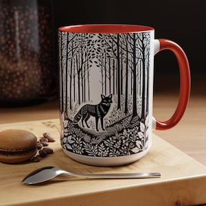 キツネのリノプリント フォレストコア セラミック コーヒーマグ | キツネグッズ | 動物好きへのギフト | 自然好きへのギフト | コーヒー好きへのギフト | コテージコア ギフト Red