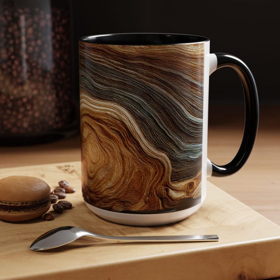 Abstract Wood Inspired Coffee Mug, Teal Gold, Nature Lover Gift, Modern Kitchen Decor, Giftful Mug, Ceramic Coffee Cup,  Kitchen Drinkware
