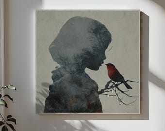 Whimsical Girl and Bird Canvas Art: Nursery, Playroom Decor