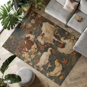 Farm Animals Area Rug, Country Farmhouse Rug, Rustic Animal Carpet, Cow Chicken Botanical Decor, Kids Room or Kitchen Floor Mat Play Rug Mat