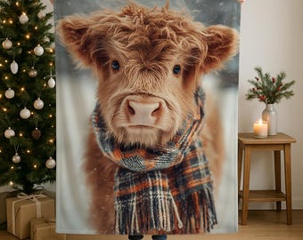 Highland Cow Plush Blanket, Cozy Sherpa & Velveteen Rustic Decor, Gift For Farmer
