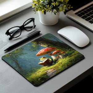 カエルの読書マウスパッド、かわいいカエルのデスクマット、本好きのためのワークスペース装飾、コテージコア風キノコの上のカエル、文学的なオフィスギフト