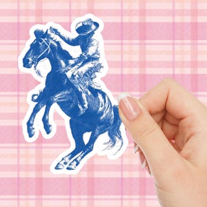 Retro Rodeo Cowboy Riding Horse Sticker, Western Aesthetic Vinyl Decal, Country Laptop Sticker, Cowboy Gift, Blue Rodeo Car Decor