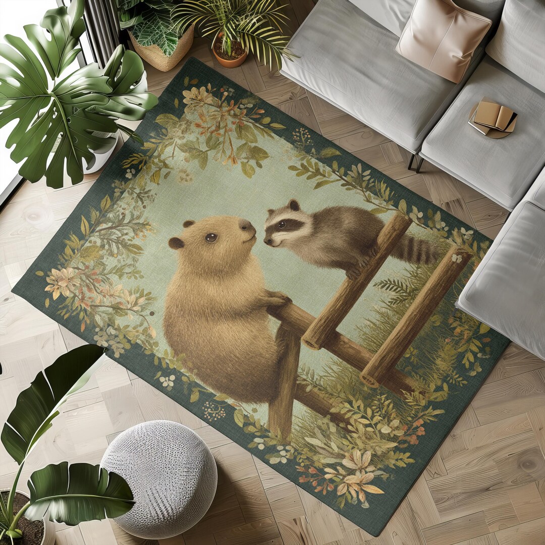 Capybara Rug Rectangle Cute Animal Farmhouse Area Rug, Capybara Raccoon Kids Bedroom Printed ...