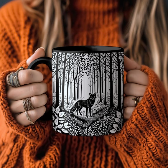 Fox Linoprint Forestcore Ceramic Coffee Mug | Fox Gifts | Animal Lover Gift | Nature Lover Gift | Coffee Lover Gift | Cottagecore Gifts