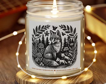 Linoprint Fox Scented Candle: Forestcore Cottagecore Home Decor