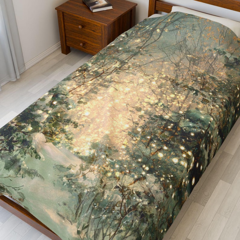May include: A twin-sized bedspread featuring a forest scene with a soft, ethereal glow. The design showcases a blend of green, blue, and gold hues, creating a dreamy, artistic aesthetic. The bedspread is placed on a wooden bed frame.