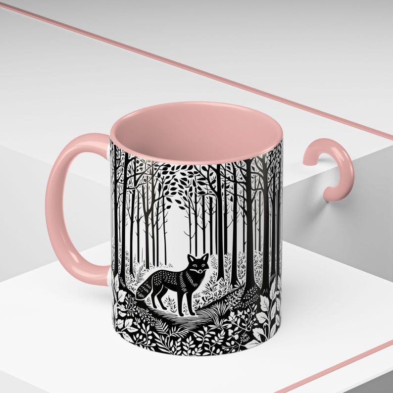 キツネのリノプリント フォレストコア セラミック コーヒーマグ | キツネグッズ | 動物好きへのギフト | 自然好きへのギフト | コーヒー好きへのギフト | コテージコア ギフト 画像 7