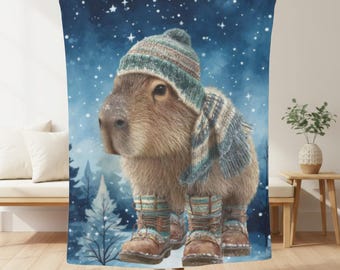 Cute Capybara Sherpa and Velveteen Plush Blanket, Winter Soft Kids Blanket, Blue Playful Animal Throw Blanket