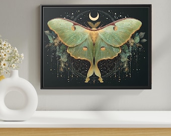 Celestial Luna Moth Canvas Art: Whimsical Botanical Home Decor