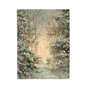 May include: A winter forest scene with snow-covered trees and a path leading into the distance. The image is illuminated with soft, golden lights, creating a magical and serene atmosphere. The artwork evokes a sense of peace and tranquility.