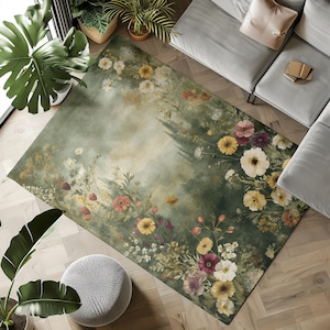 Wildlfowers Living Room Area Rug, Green Printed Bedroom Carpet, Botanical Home Decor, Farmhouse Floor Decor,  Housewarming Gift, Play Mat