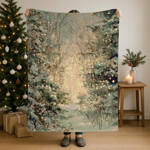 Winter Cabin Sherpa and Velveteen Plush Blanket, Cozy Woodland Holiday Decor, Winter Forest  Folk Art Blanket