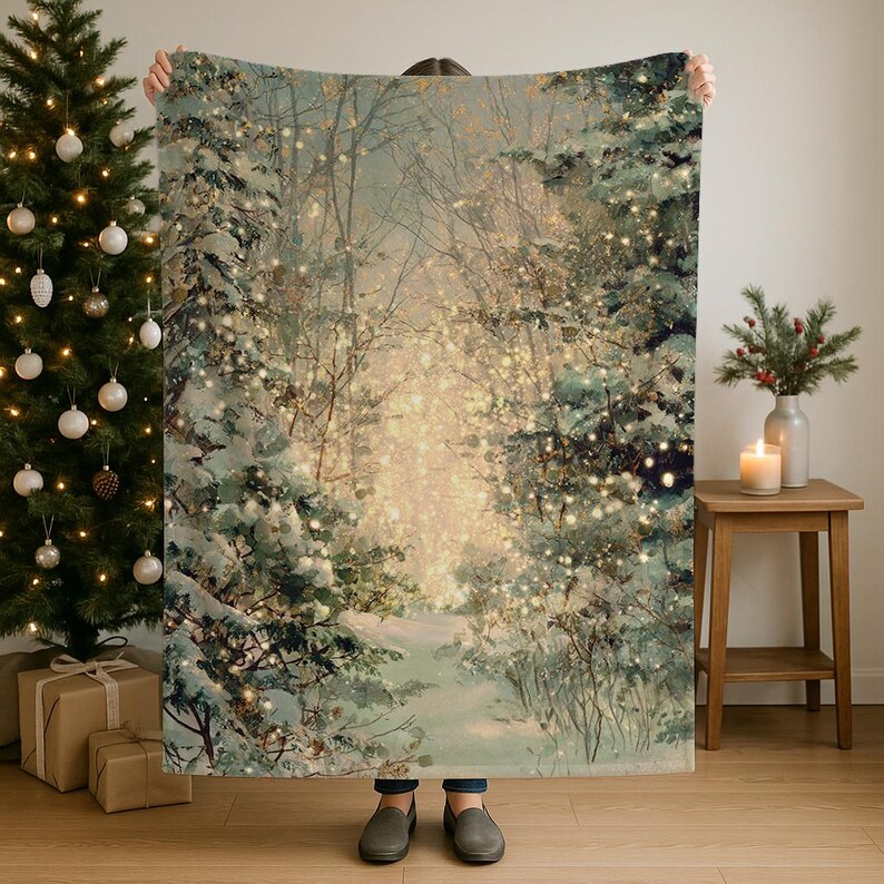 May include: A winter scene blanket featuring a snowy forest path with trees and twinkling lights. The blanket has a soft, muted color palette of greens, whites, and golds, creating a cozy and festive atmosphere. The design evokes a sense of peace and tranquility.