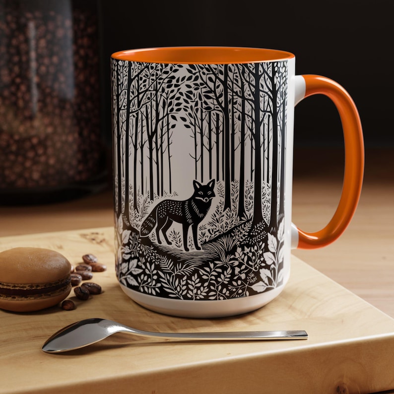 キツネのリノプリント フォレストコア セラミック コーヒーマグ | キツネグッズ | 動物好きへのギフト | 自然好きへのギフト | コーヒー好きへのギフト | コテージコア ギフト Orange