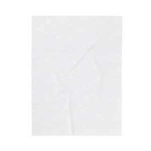 May include: A white, rectangular, textured fabric, possibly a towel or cloth, is displayed against a white background. The fabric has a subtle pattern and is slightly crumpled, suggesting it has been used or folded. The overall appearance is clean and simple.