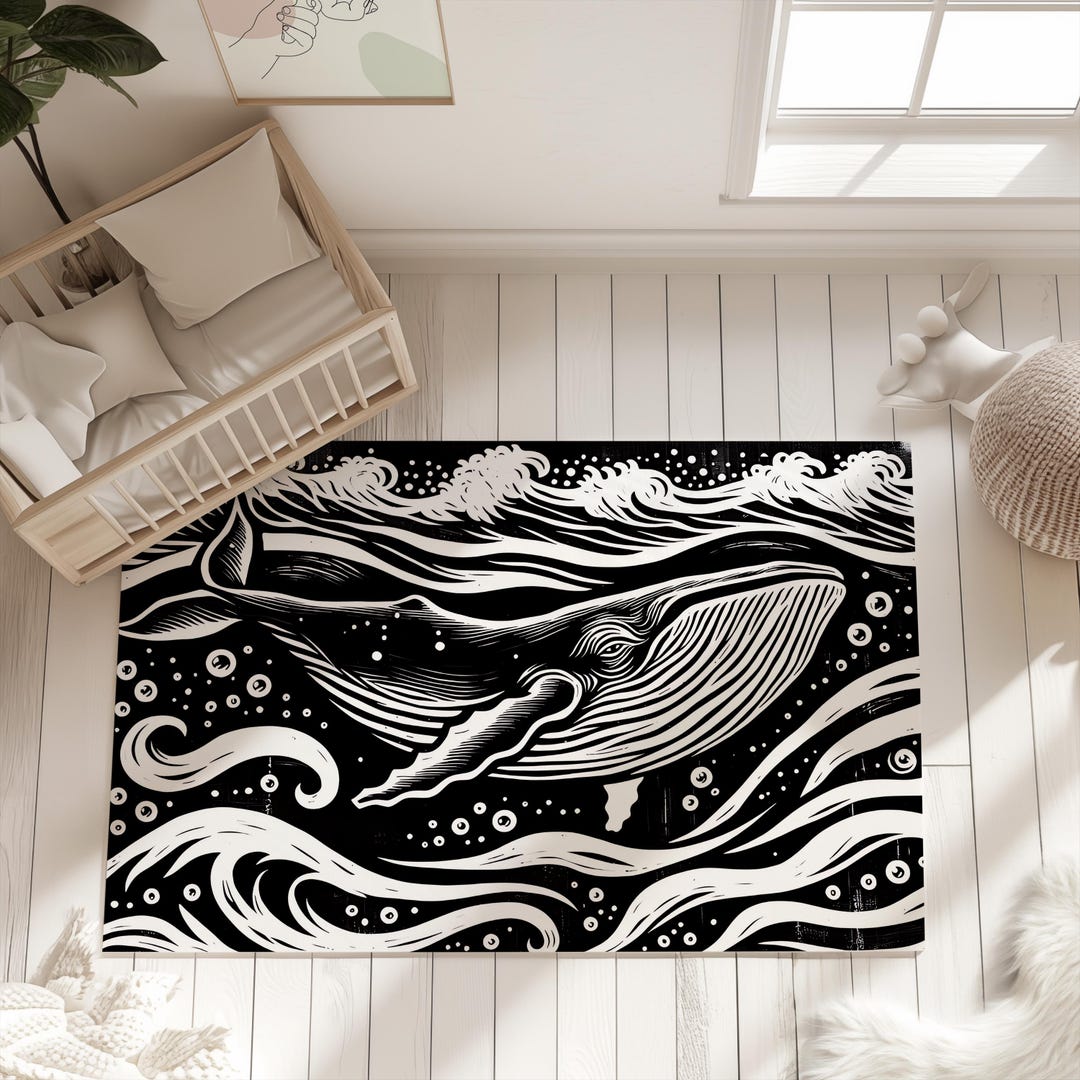 Whale Linoprint Style Playroom Area Rug, Kids Bedroom Printed Carpet ...