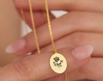 14K Solid Gold Custom Birth Flower Disc Necklace, Personalized Birthflower Necklace, Birth Month Flower Engraved Necklace, Birthday Gift