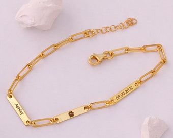 14K Solid Gold Custom Name Bar Bracelet, Personalized Mini Name & Number Bar Bracelet, Engraved Coordinates Bar Bracelet, Christmas Gift