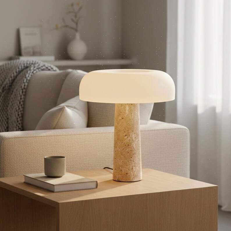 May include: A modern table lamp with a beige stone base and a rounded, off-white lampshade. The lamp is on a wooden side table, next to a small gray cup and a book. The background includes a sofa and a vase.