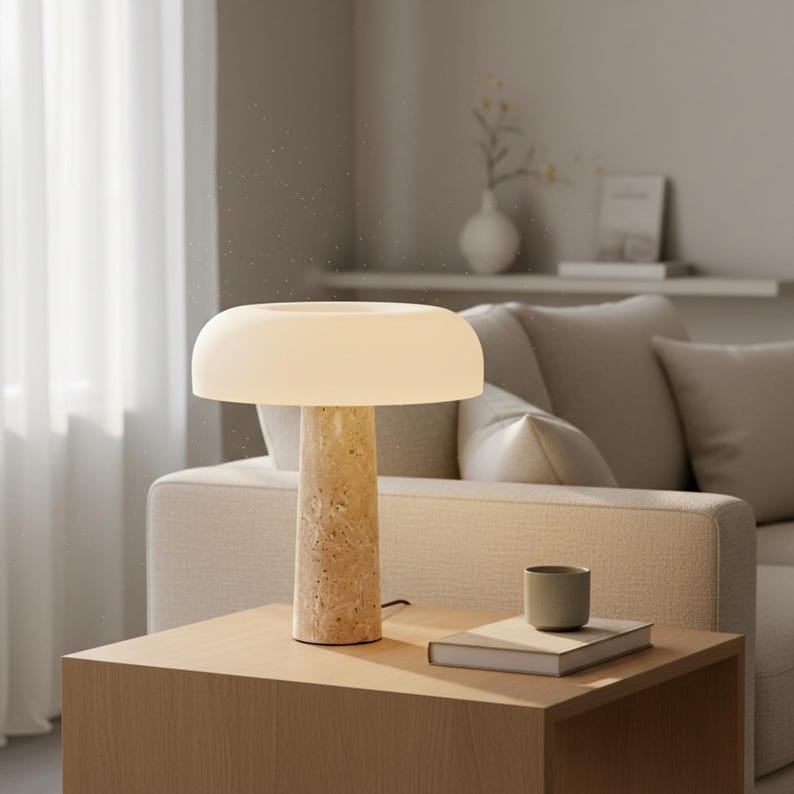 May include: A modern table lamp with a cream-colored, rounded shade and a textured, beige stone base. The lamp sits on a light wood side table, next to a small gray cup and a closed book. The lamp provides soft, ambient lighting.