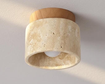 Wabi Sabi Travertine Ceiling Light, Natural Stone Flush Mount, Minimalist Japanese Style Lighting, Warm Modern Home Decor