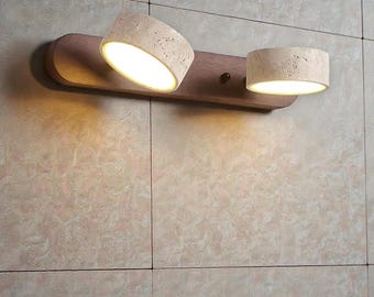 Travertine Stone Wall Lamp, Modern Wood LED Sconce for Bathroom & Vanity, Minimalist Wabi Sabi Lighting, Natural Wall Mounted Light Fixture