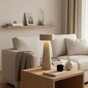 Pode incluir: Uma moderna luminária de mesa bege com uma cúpula cilíndrica e uma base cônica. A luminária está em uma mesa de madeira com uma caneca preta, um pequeno vaso branco e um livro. O fundo inclui um sofá branco e uma prateleira de madeira.