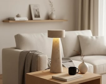 Wabi Sabi Stone Table Lamp, Minimalist Japanese Style Bedside Light, Natural Texture Modern Lamp for Living Room & Bedroom