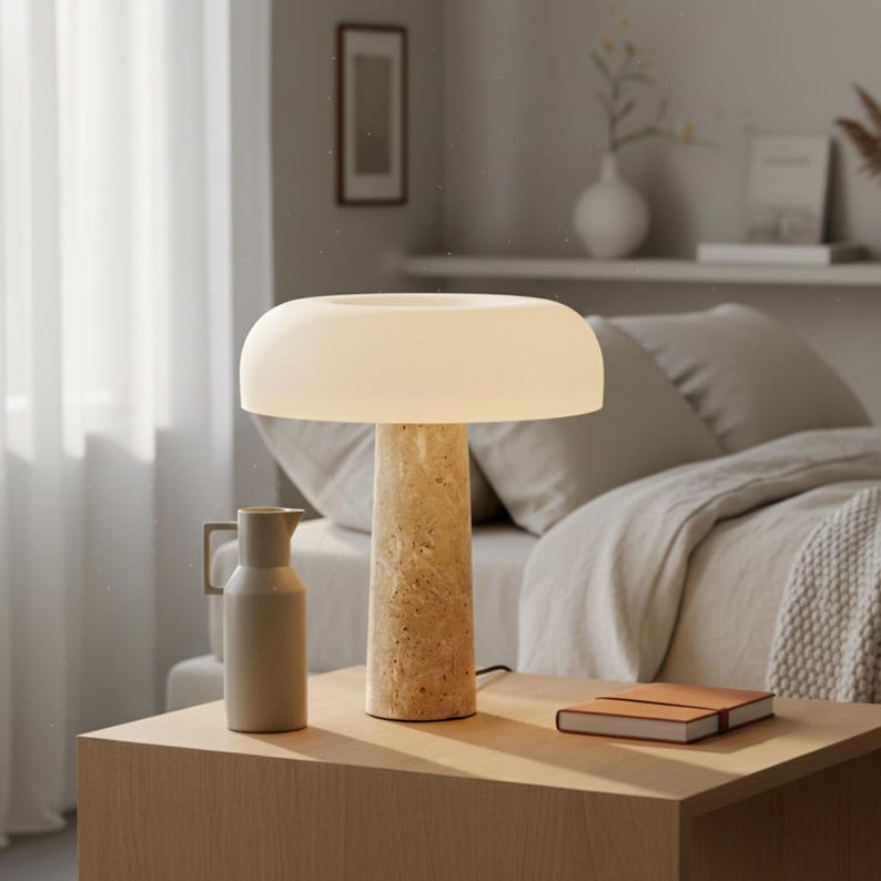May include: A modern table lamp with a beige stone base and a round, off-white shade. A matching beige pitcher and a brown leather-bound notebook sit on a light wood table. The lamp is plugged in, suggesting it is functional.