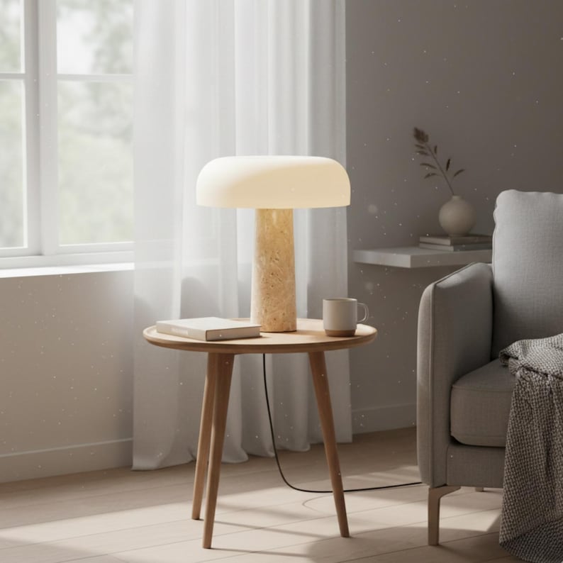 May include: A modern table lamp with a cream-colored shade and a textured, cylindrical base. The lamp sits on a small, round wooden side table, alongside a book and a mug. The scene is set in a well-lit living room.