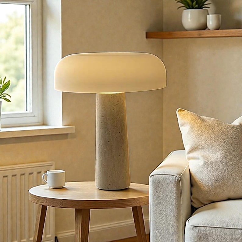 May include: A modern table lamp with a beige, mushroom-shaped shade and a textured, cylindrical base. The lamp sits on a round wooden side table. A white mug is on the table. The lamp provides soft, ambient lighting, suitable for a living room or bedroom.
