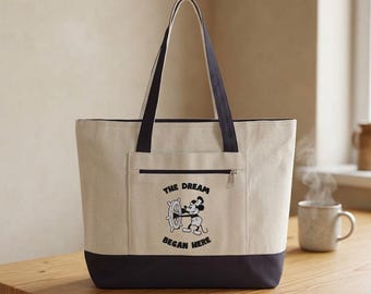Vintage Inspired Canvas Tote Bag | The Dream Began Here Tote | Retro Cartoon Style Market Bag | Whimsical Everyday Carryall