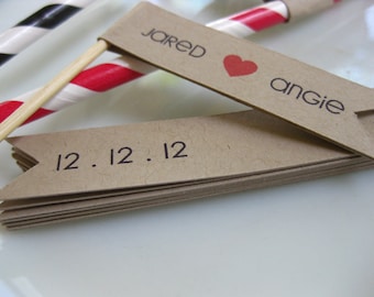 Custom Woodland Wedding Straw Flags Pennant Favor Stirrer Topper Personalized