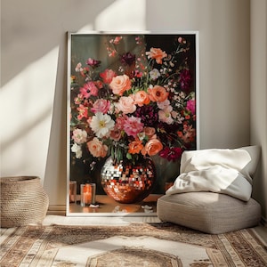 Malowanie Disco Ball, modny wydruk artystyczny, nadruk Disco Ball Flower, nadruk Dark Floral Print do wydrukowania na ścianie Digital Printabl Pobierz