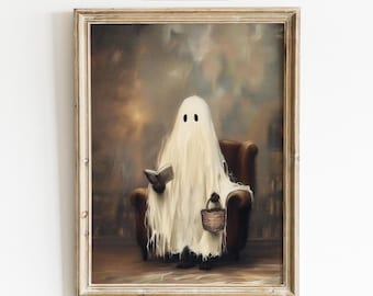 Gothic Ghost Reading Book Print, Moody Halloween Art (Digital Download)